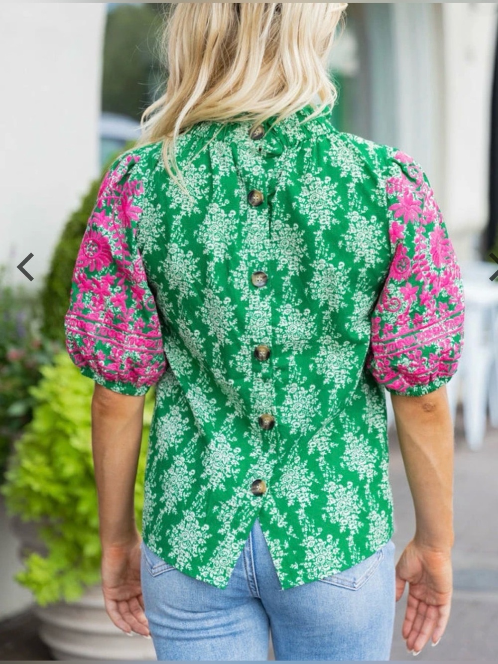 Anthropologie THML Kathleen top puff sleeves embroidered size S green pink - Picture 2 of 6